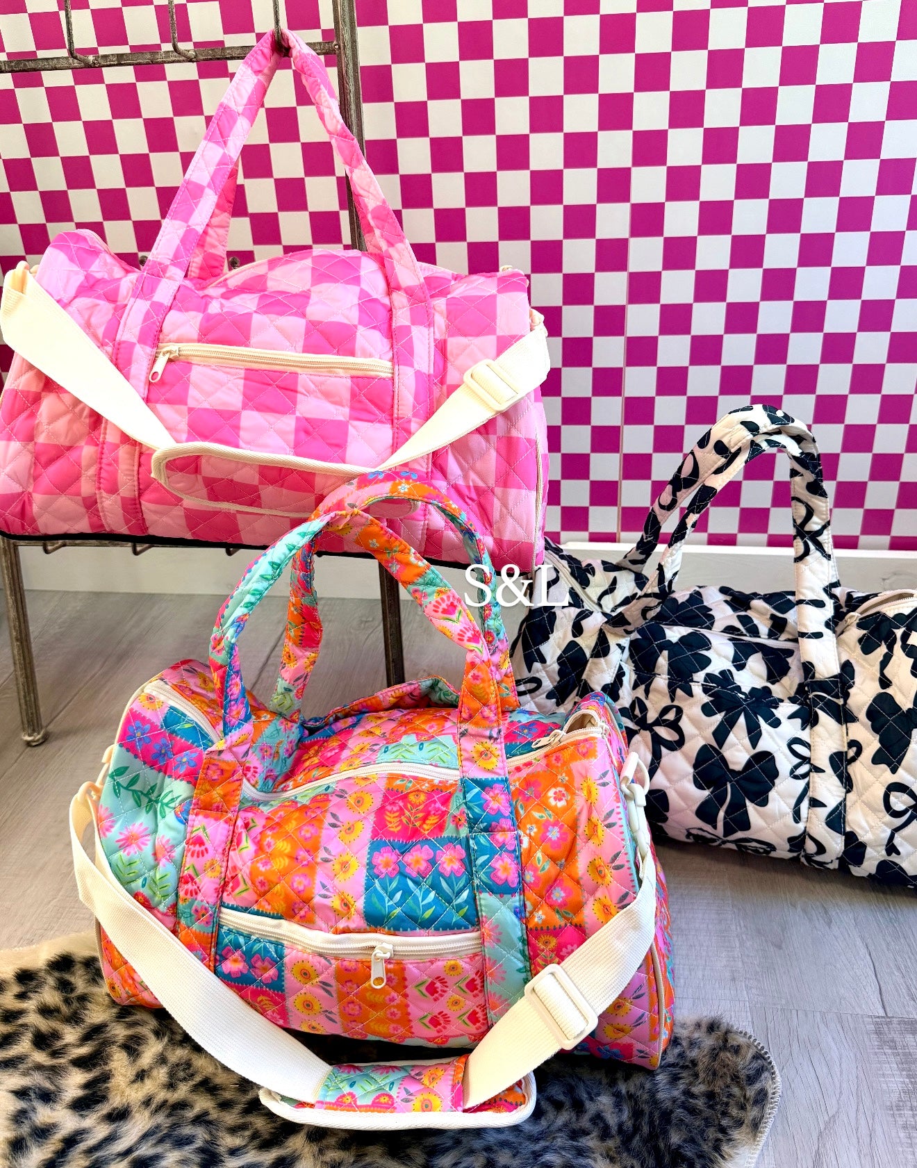 In stock quilted duffle bags